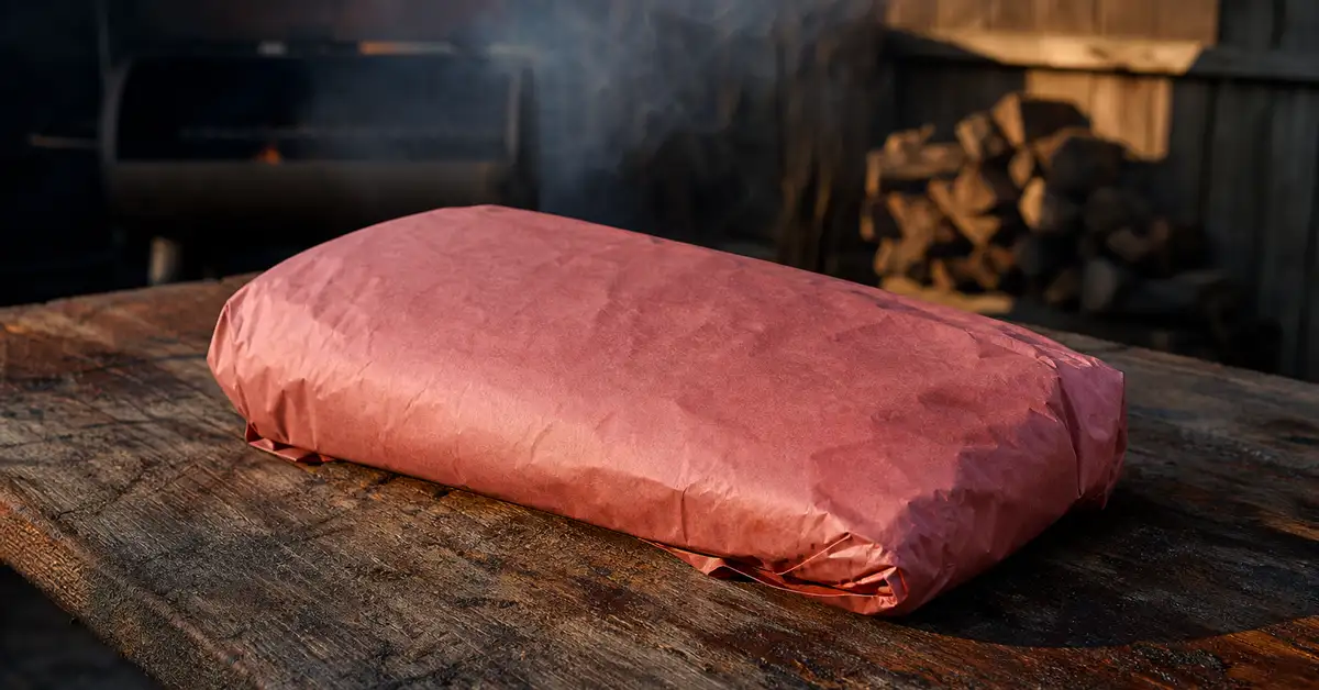 A beef brisket wrapped tightly in pink butcher paper on a weathered wooden table with faint smoke in the air