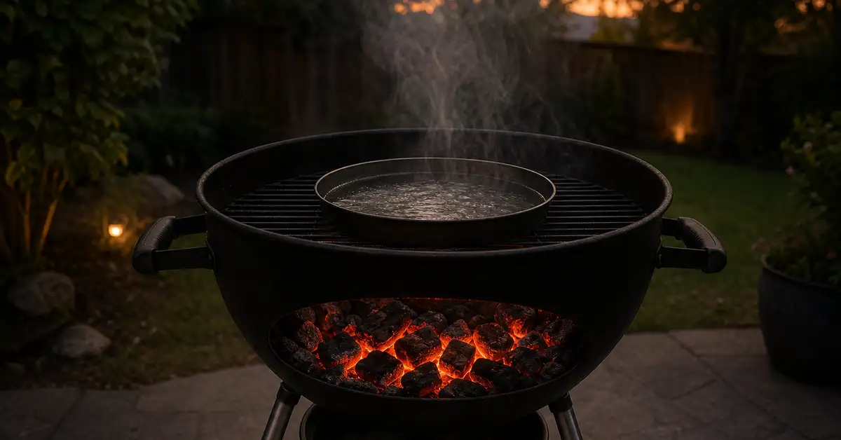 A charcoal bullet smoker with the lid off showing glowing coals and a water pan with thin smoke rising