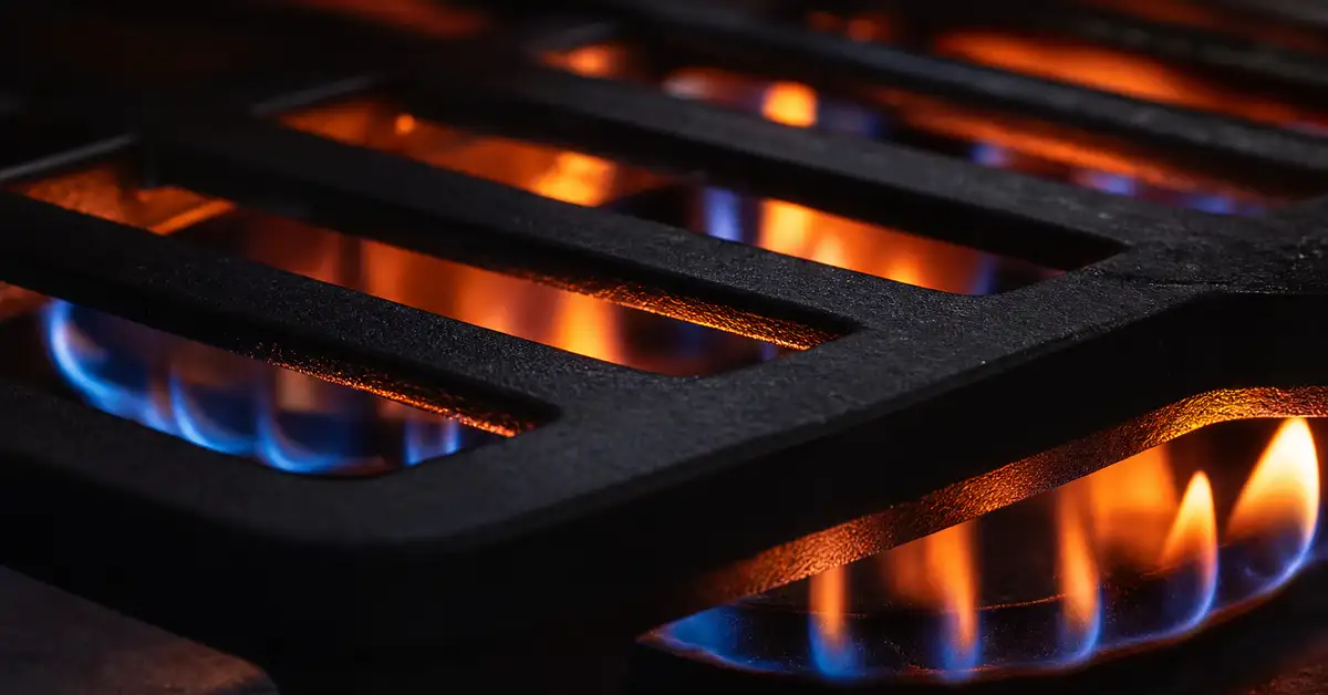 Extreme close-up of blue and orange gas burner flames glowing beneath a cast-iron grill grate