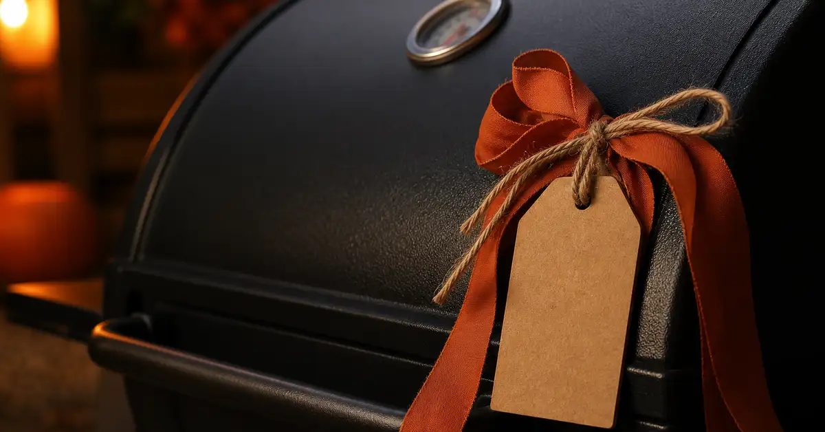 A rustic kraft-paper gift tag tied with twine and a warm ember-orange ribbon, resting on the matte lid of a closed gas grill