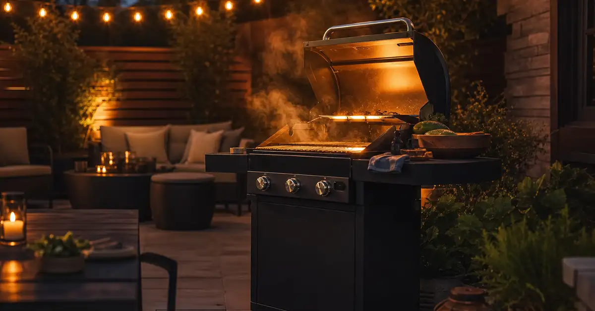 Matte charcoal-black cart gas grill glowing warmly at dusk on a backyard patio, gentle steam rising, string lights softly blurred behind it