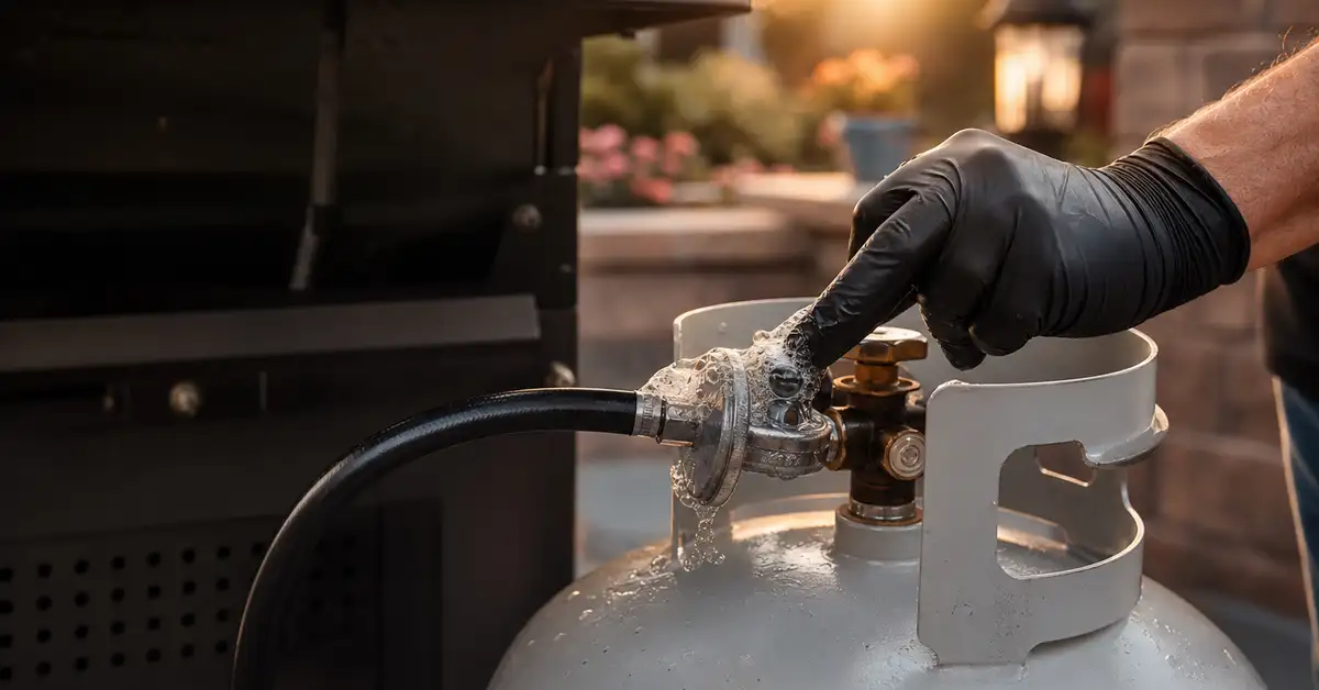A gloved hand performing a soapy-water leak check on a propane cylinder and hose connection on a gas grill