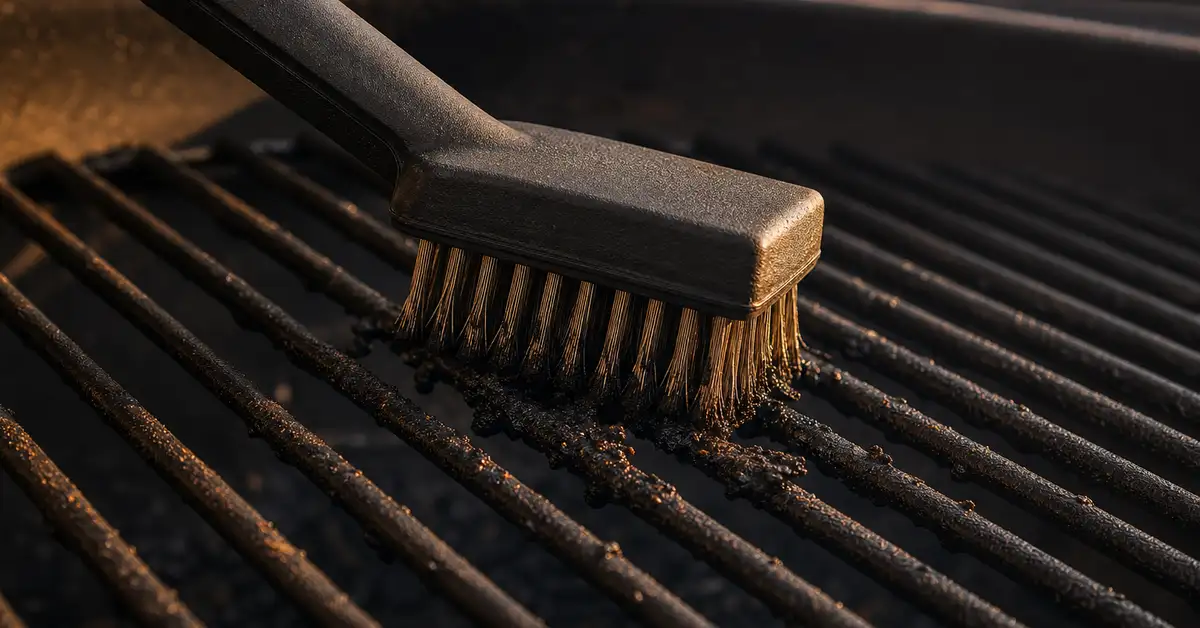 Close-up of a grill brush resting on warm grill grates with bits of char being cleaned away