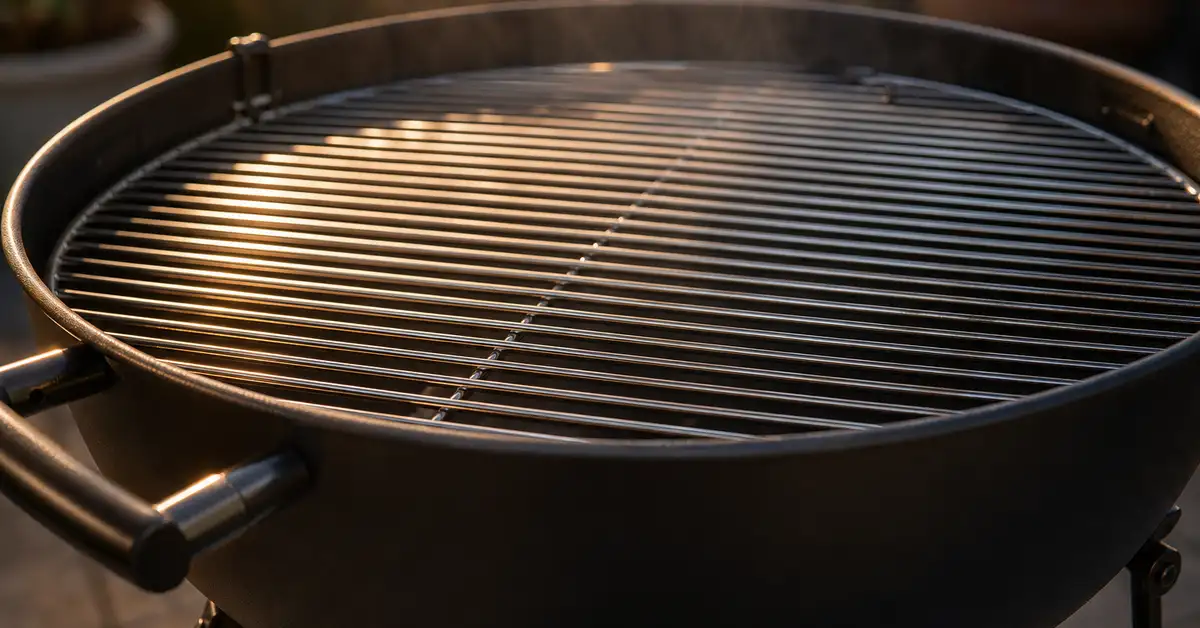 Freshly cleaned and lightly oiled grill grates gleaming under warm light