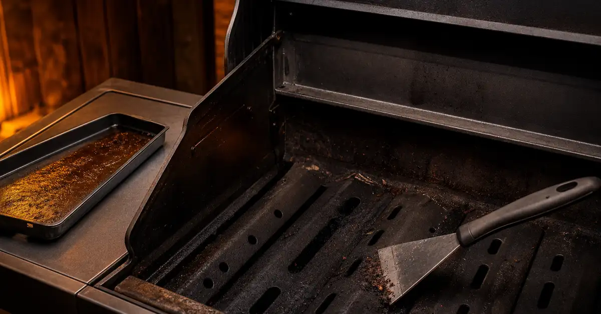 The open interior of a grill being scraped clean with a removable grease tray beside it