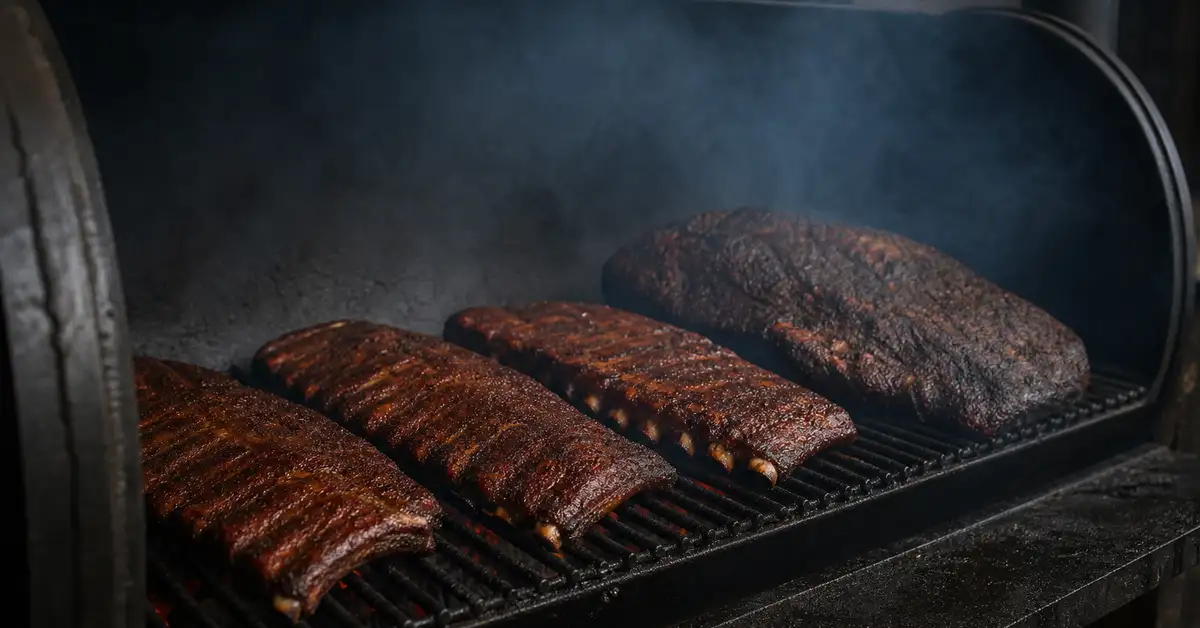 Racks of ribs and a brisket cooking on the grates inside the main chamber of a horizontal offset smoker with thin blue smoke