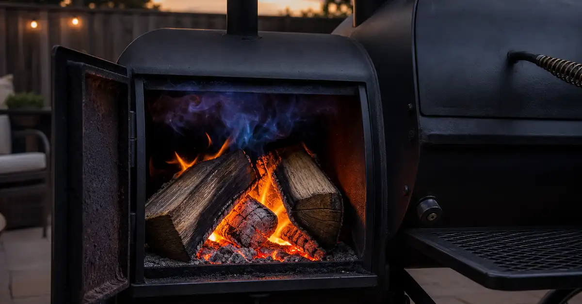 Split hardwood logs burning in the side firebox of a black offset smoker with glowing embers and thin blue smoke