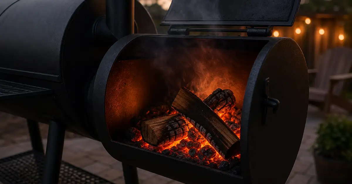 Glowing orange embers and split hardwood logs in the firebox of a black offset smoker at dusk