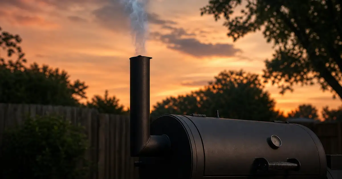 The chimney smokestack of a black offset smoker with thin blue-gray smoke rising against a warm dusk sky