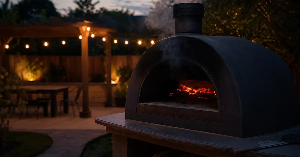 A backyard patio at dusk with a pizza oven's fire dying down to soft dim embers and string lights in the background