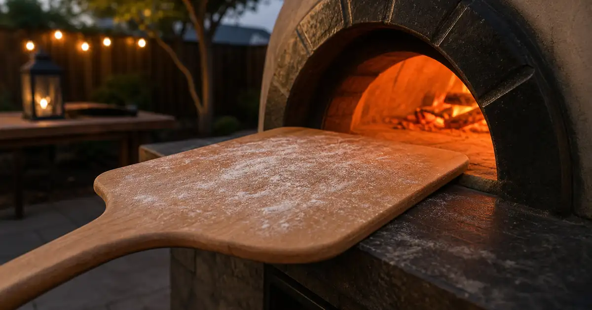 A flour-dusted wooden pizza peel beside the glowing mouth of an outdoor pizza oven on a dark patio at dusk
