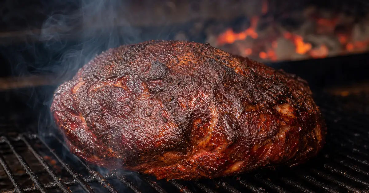 A pork shoulder with forming dark bark on a smoker grate with thin blue smoke and glowing embers behind