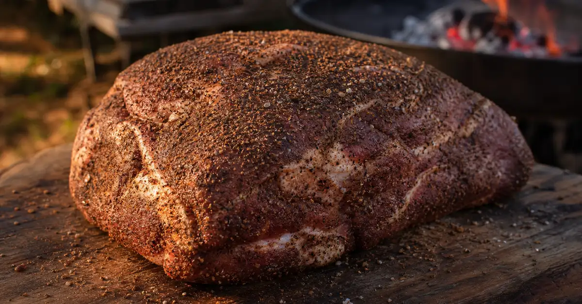 A raw pork shoulder generously rubbed with coarse dark seasoning on a rustic wooden board