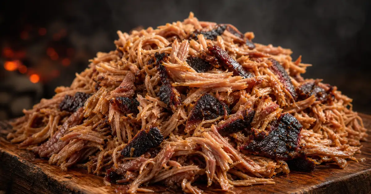A mound of freshly pulled pork with dark bark pieces mixed through on a rustic wooden board