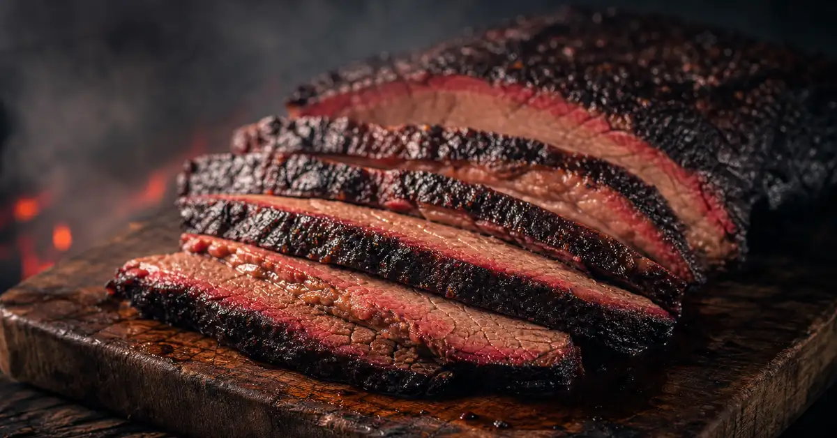 Thick slices of smoked beef brisket showing a pink smoke ring and juicy interior on a rustic wooden board