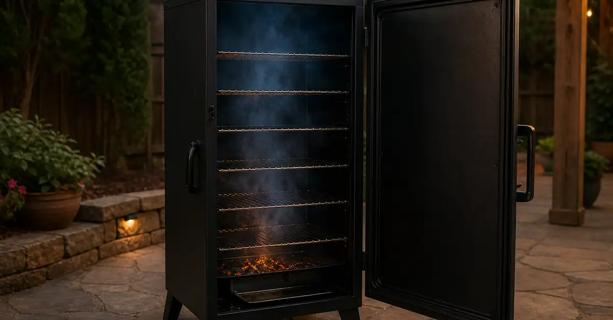 A tall black vertical cabinet smoker with the door open revealing multiple stacked wire racks and thin blue smoke