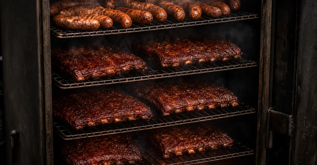 Racks of sausages and ribs cooking on the stacked wire shelves of a vertical smoker with gentle wood smoke