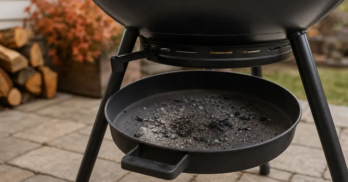 A removable ash catcher pan being lifted out from beneath a charcoal kettle grill for cleanup