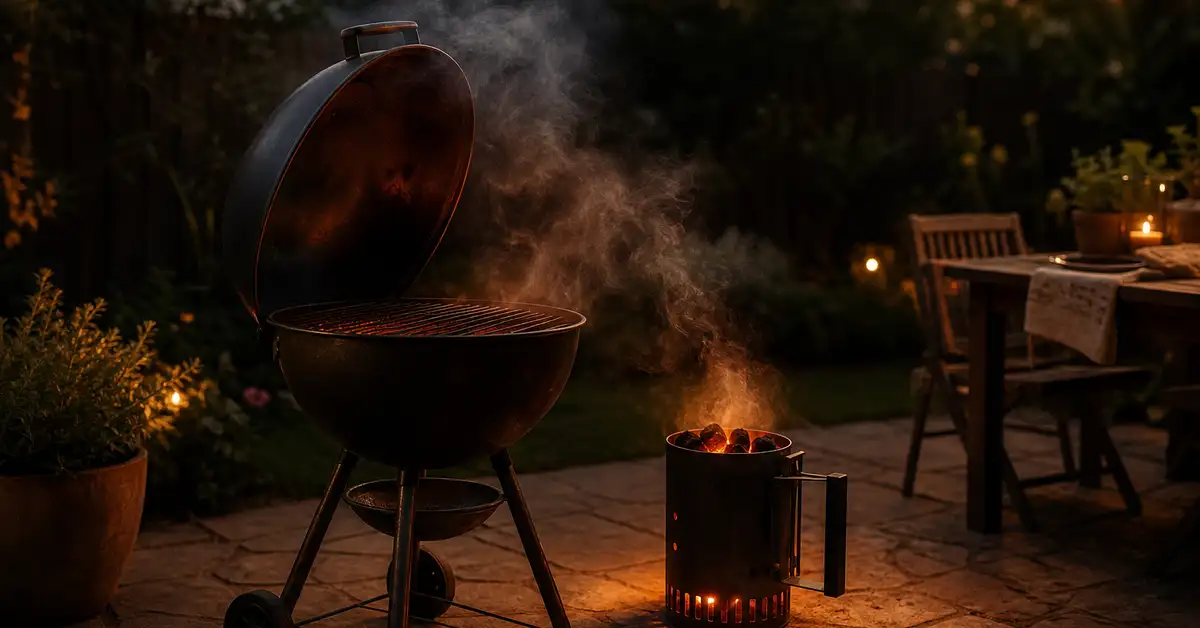 A charcoal kettle grill on a backyard patio at dusk beside a glowing chimney starter, gentle smoke drifting from the lid