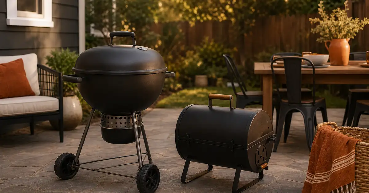 A mid-size charcoal kettle grill and a smaller portable barrel-style charcoal grill side by side on a backyard patio