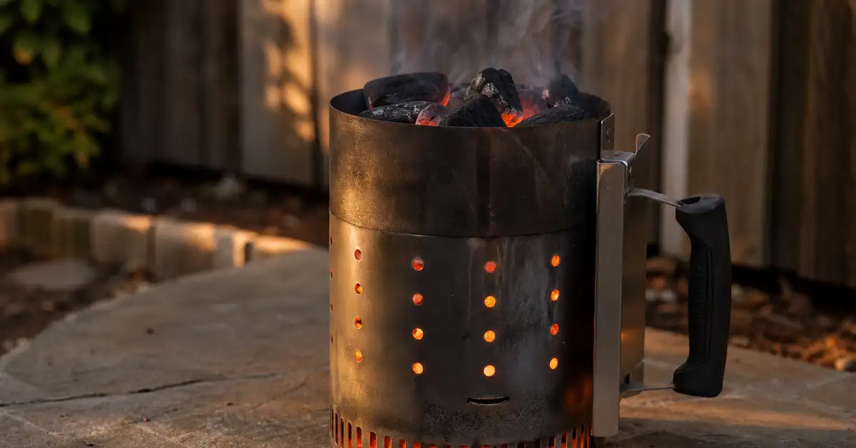 Close-up of a charcoal chimney starter glowing on a non-combustible surface with safe clearance from a wall