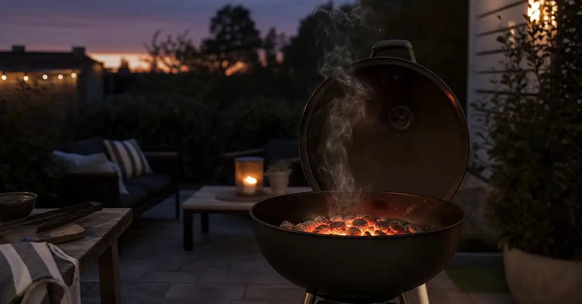 A kettle-style charcoal grill glowing with ember light on a small backyard patio at dusk