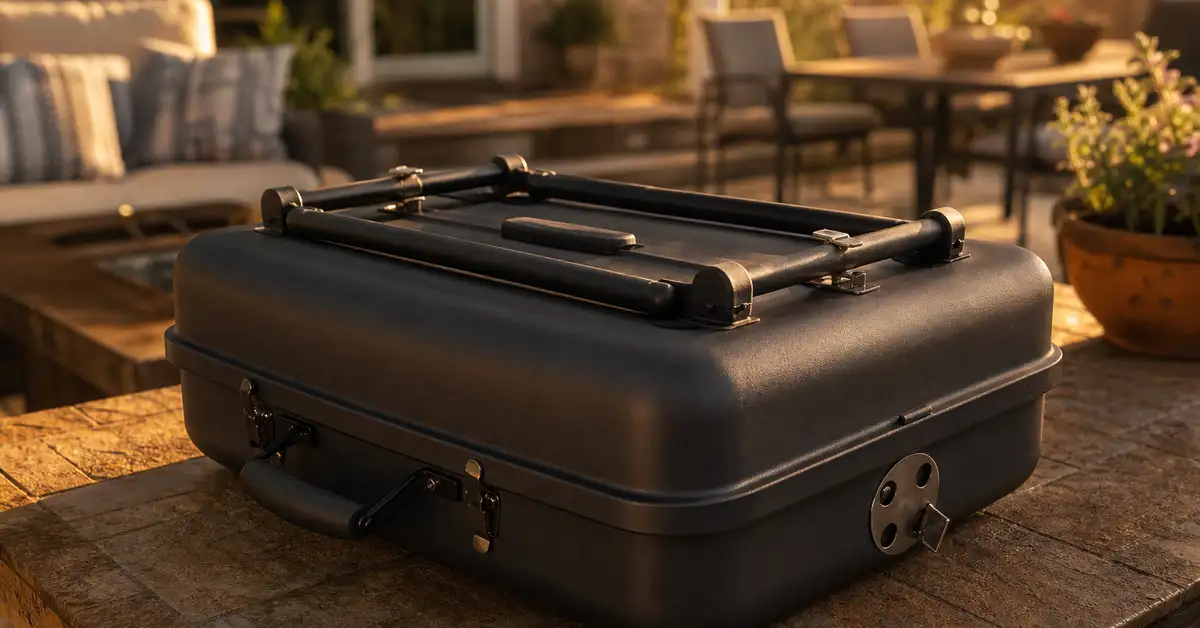 A folded portable charcoal grill with locked lid ready for transport, warm afternoon light on a patio