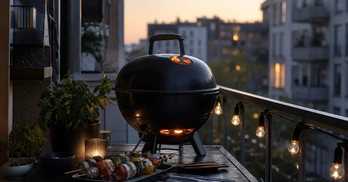 A small charcoal kettle grill glowing with warm ember light on a compact apartment balcony at dusk