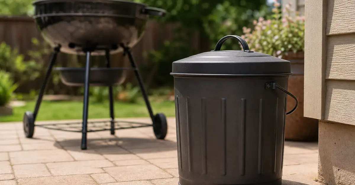 A metal container for cooled charcoal ash beside a budget grill on a patio, safety-focused composition