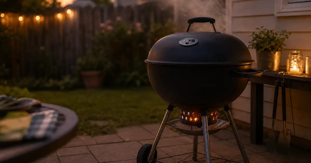 A budget charcoal kettle grill glowing with warm ember light on a backyard patio at dusk, price tag detail nearby