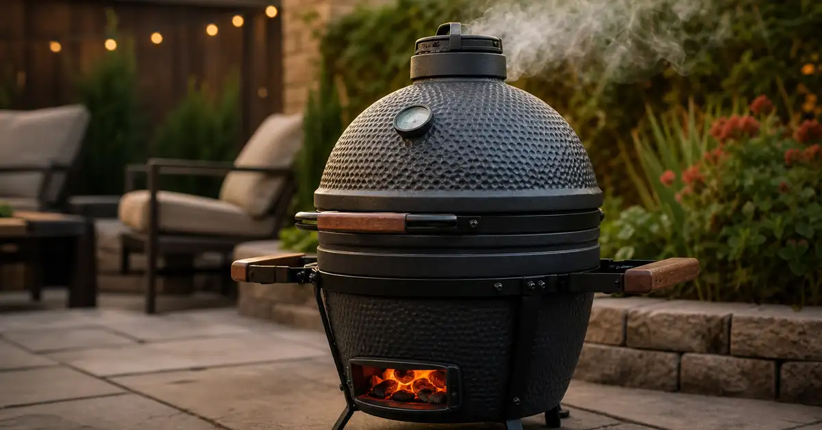 A small steel kamado-style charcoal grill on a backyard patio with warm ember glow visible through the vent