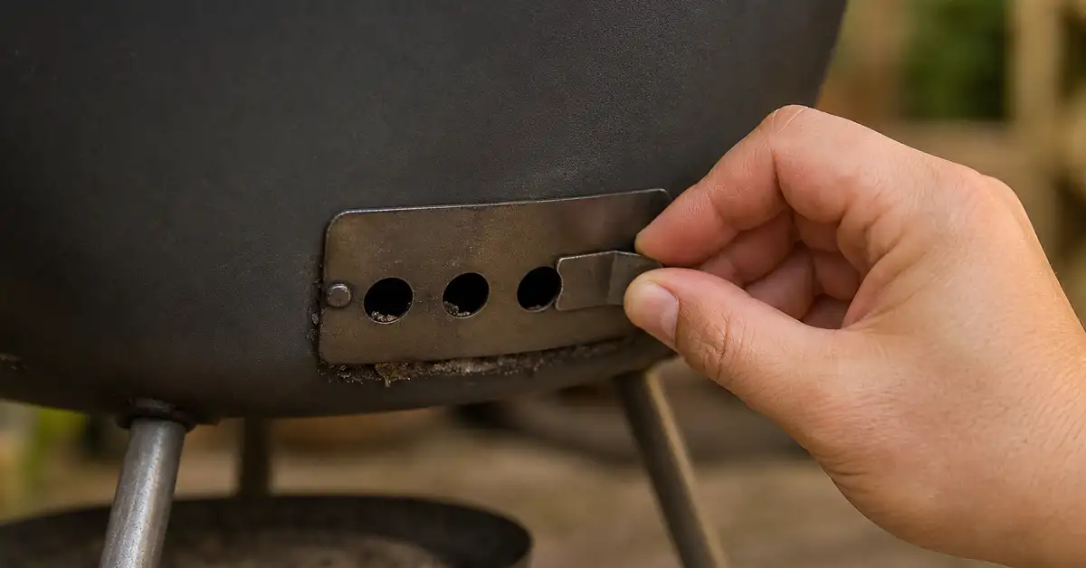 Close-up of a hand adjusting a simple bottom vent damper on a budget charcoal grill to control airflow