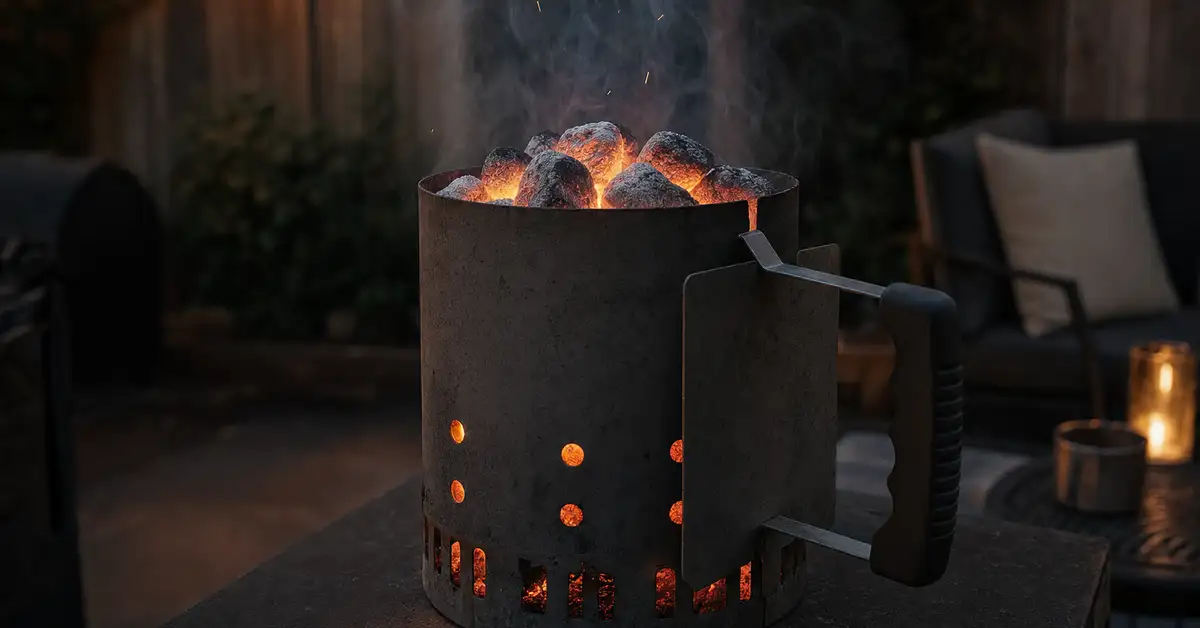 A charcoal chimney starter glowing with fully ashed-over coals on a patio at dusk, warm ember light and drifting smoke