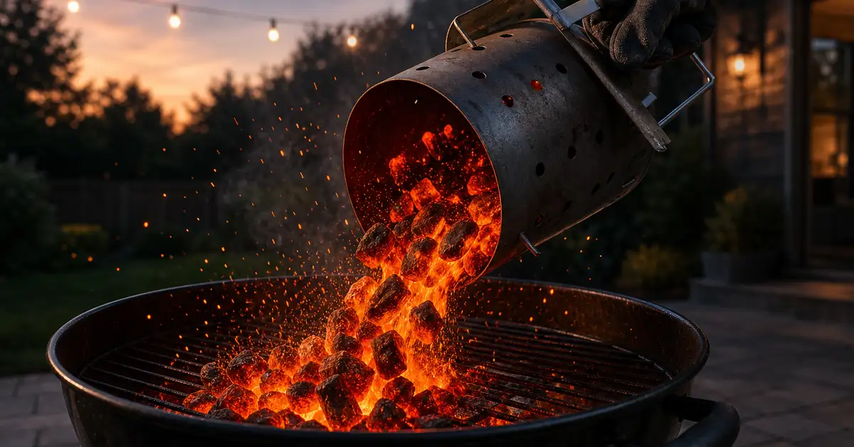 A gloved hand tilting a charcoal chimney starter to pour glowing coals into a kettle grill at dusk, ember glow and drifting smoke