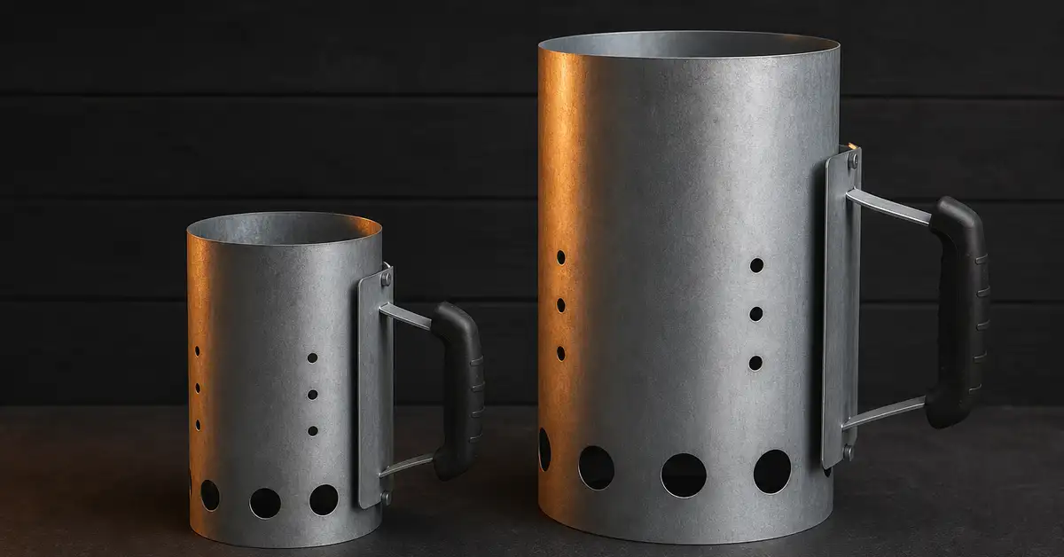 A small compact charcoal chimney starter next to a tall jumbo charcoal chimney starter, side by side for a size comparison