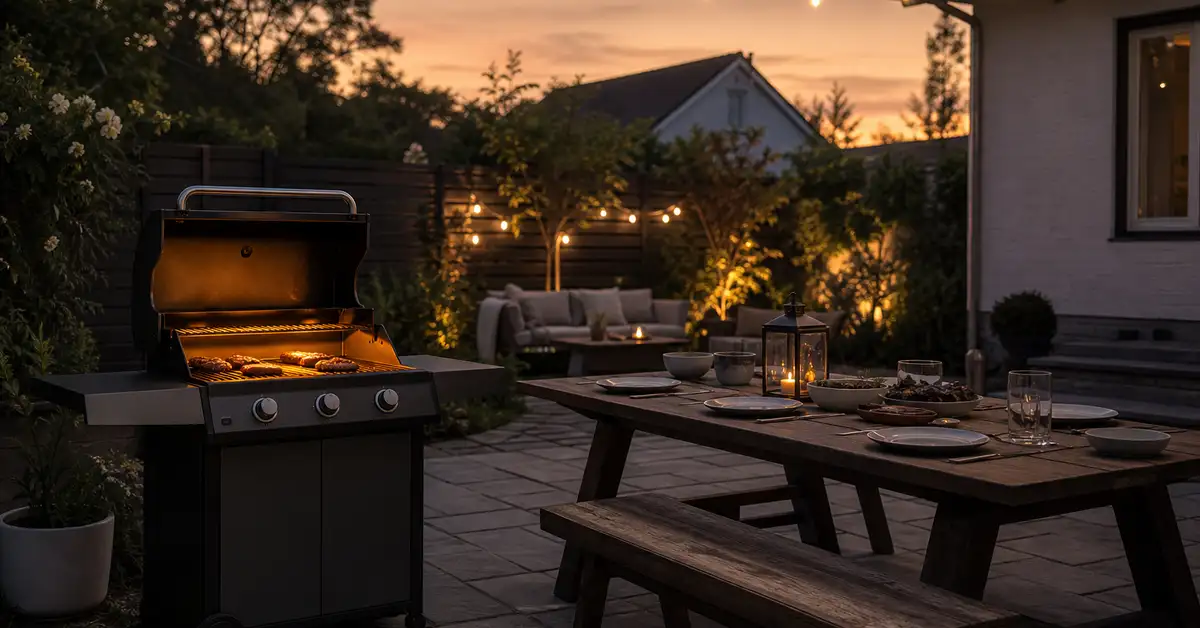 Wide shot of a backyard patio cookout at dusk with a mid-size cart gas grill glowing warmly and string lights overhead