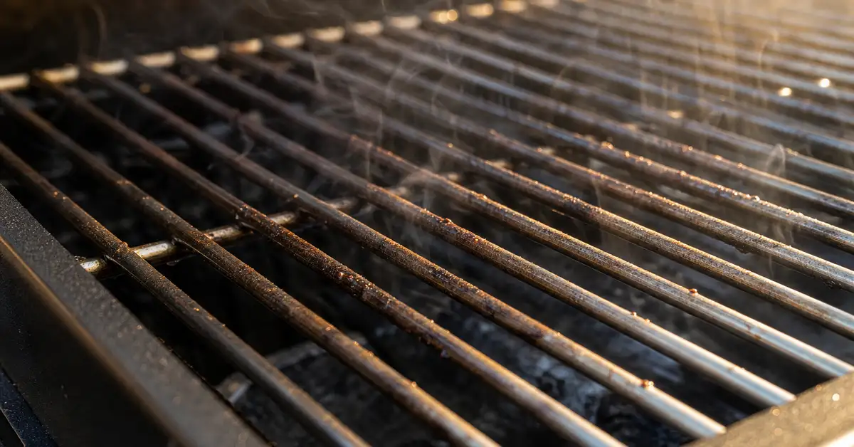 Extreme close-up of a stainless steel gas grill grate with sear marks and light steam rising in warm afternoon light