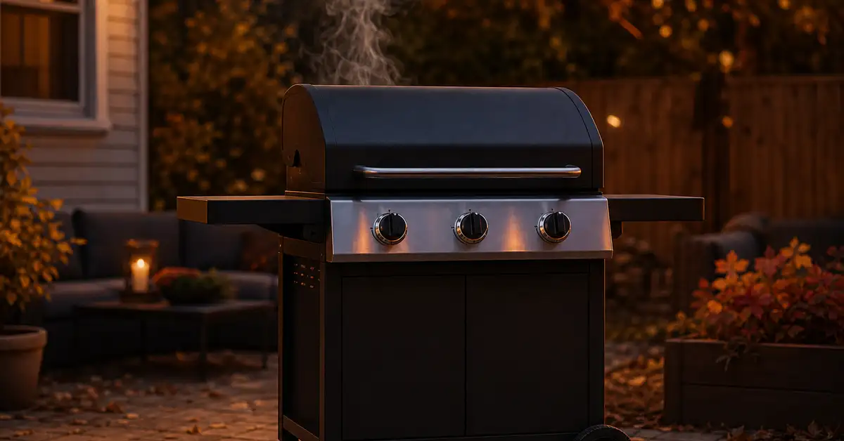 A mid-size cart-style gas grill glowing warmly at dusk on a backyard patio