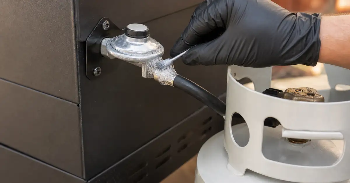 Gloved hand performing a soapy-water leak check on the gas regulator and hose connection of a cart gas grill