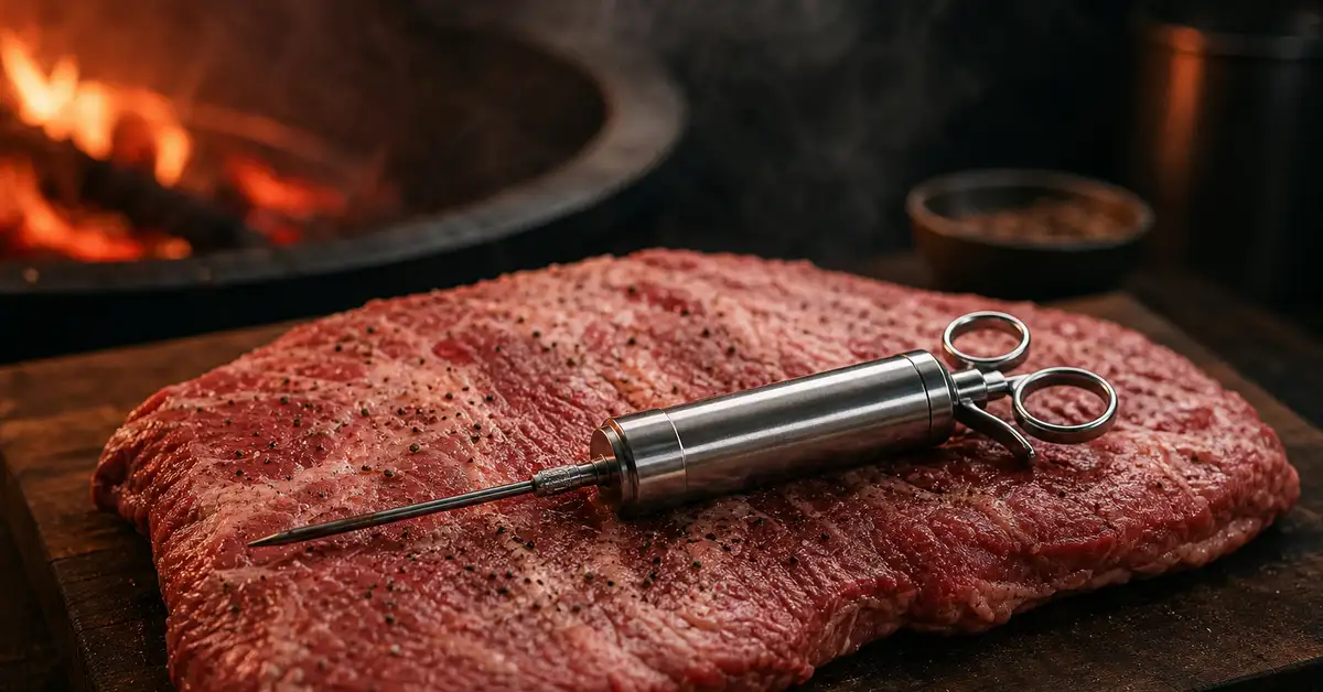 A meat injector resting on a raw beef brisket flat on a butcher block, ready for injecting