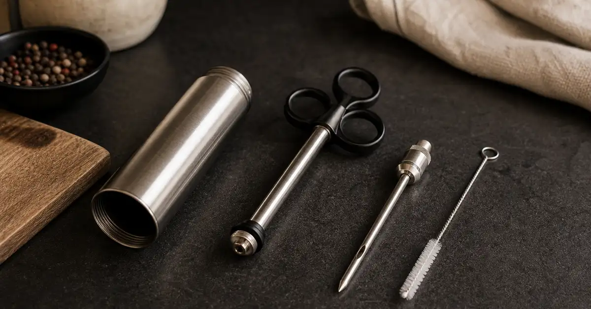 A meat injector disassembled on a kitchen counter beside a narrow cleaning brush and a needle, ready to be washed