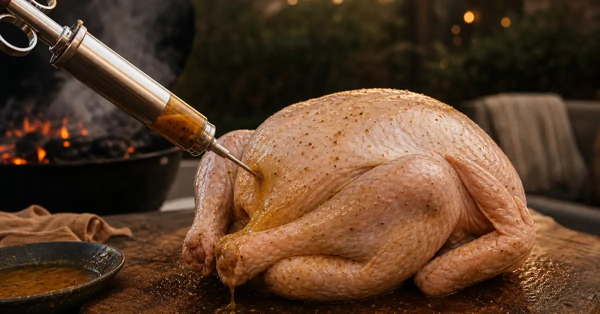 Stainless-steel meat injector pushing marinade into a raw whole turkey