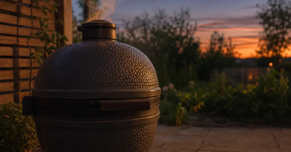 Domed kamado grill silhouette against a dusk sky with warm ember glow