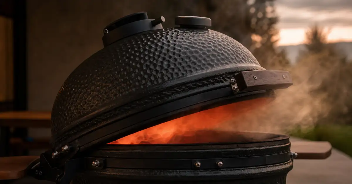 Ceramic kamado grill lid propped slightly open with a thin curl of smoke escaping, warm ember light glowing within