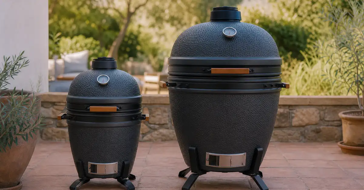 Two ceramic kamado grills of noticeably different sizes on a patio, showing scale contrast