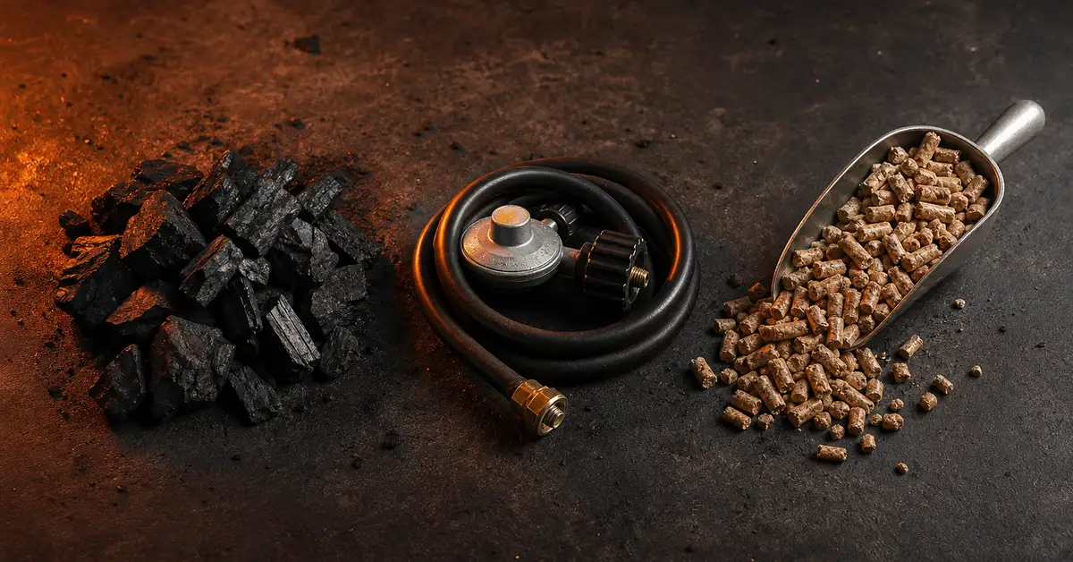 Charcoal, a propane hose and wood pellets laid out side by side, representing the three grill fuel choices for small spaces