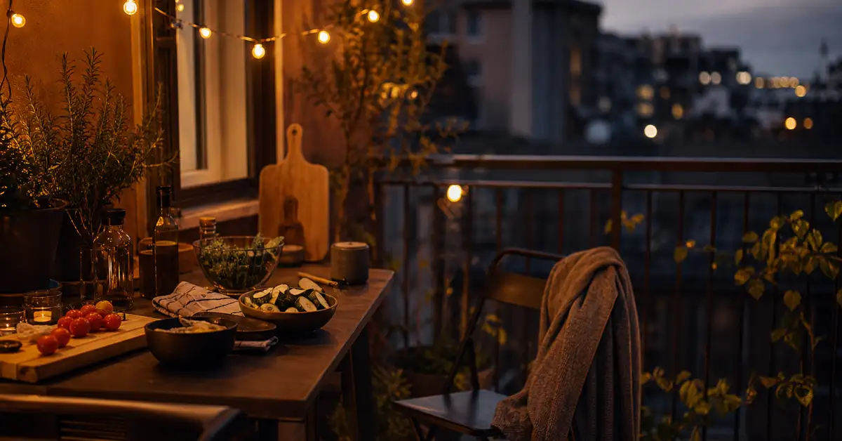 A small apartment balcony set up for backyard cooking at dusk with warm ember-glow lighting