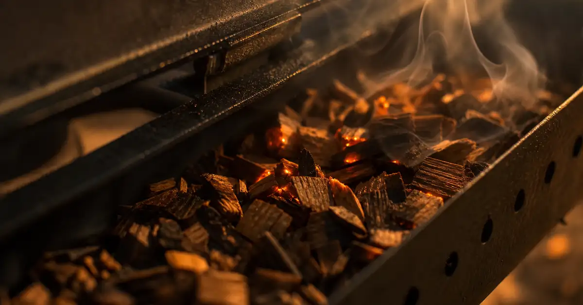 Macro close-up of wood chips smoldering with glowing embers and wisps of smoke inside an open metal smoker box