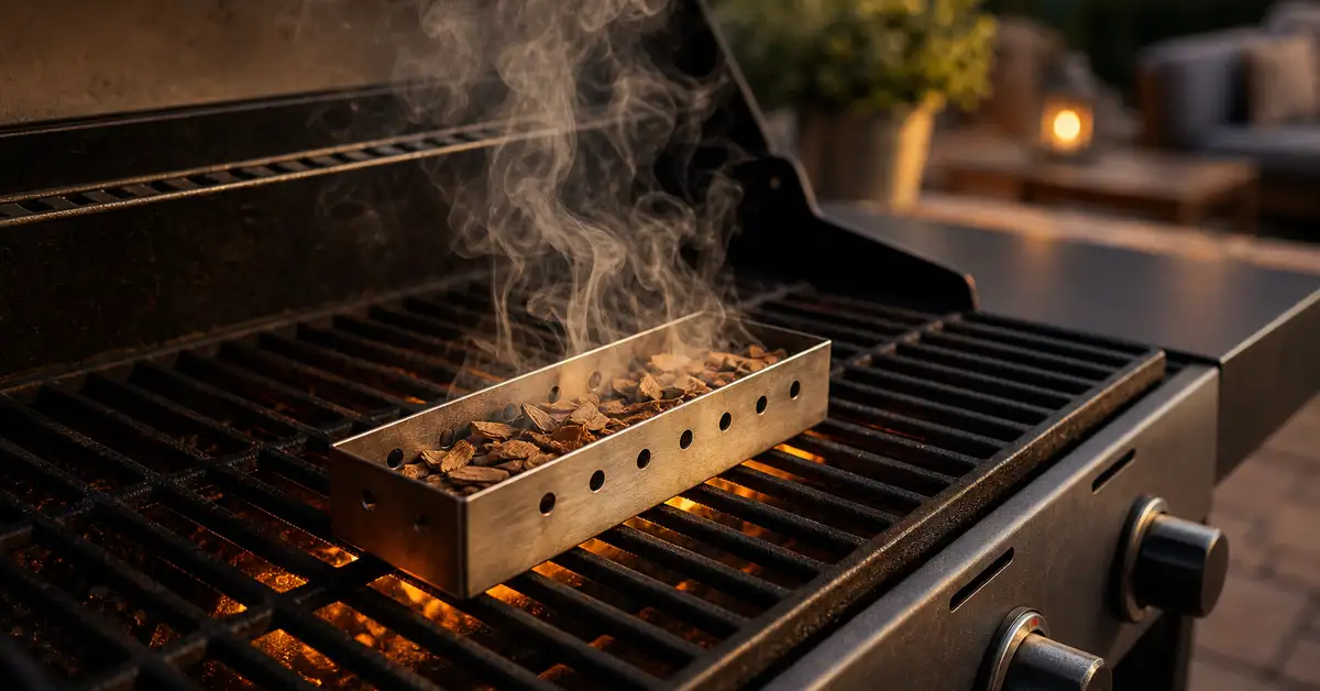 A stainless steel smoker box filled with wood chips smoldering on a gas grill's burner bars at dusk, warm ember glow and drifting smoke