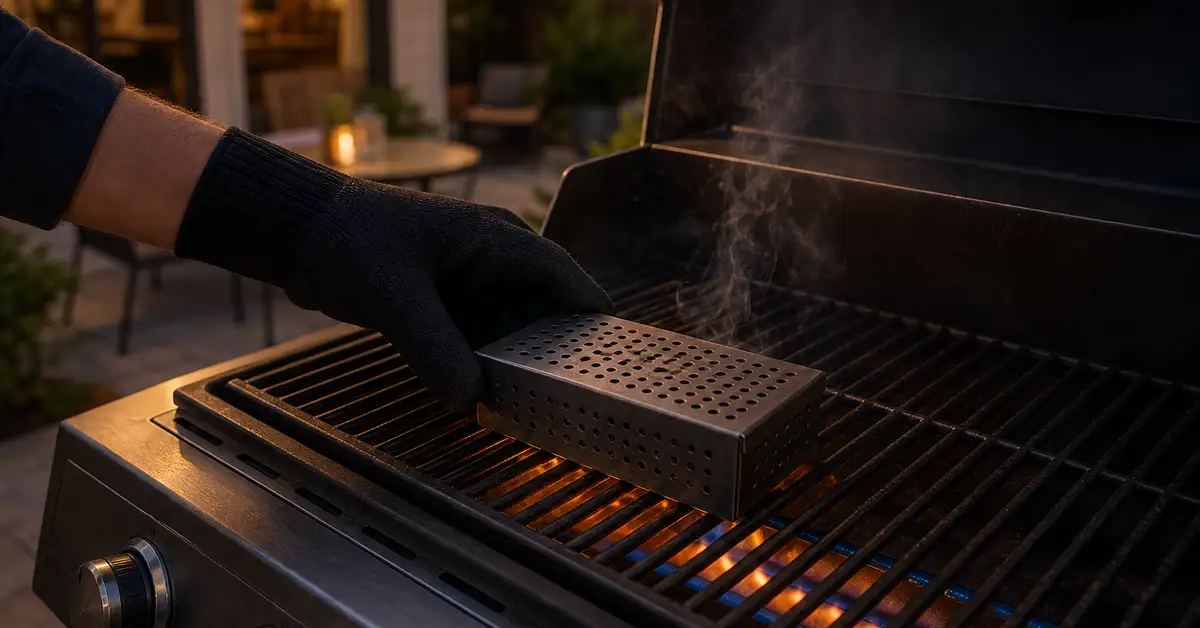 A gloved hand placing a perforated metal smoker box onto a gas grill's grate over a lit burner at dusk